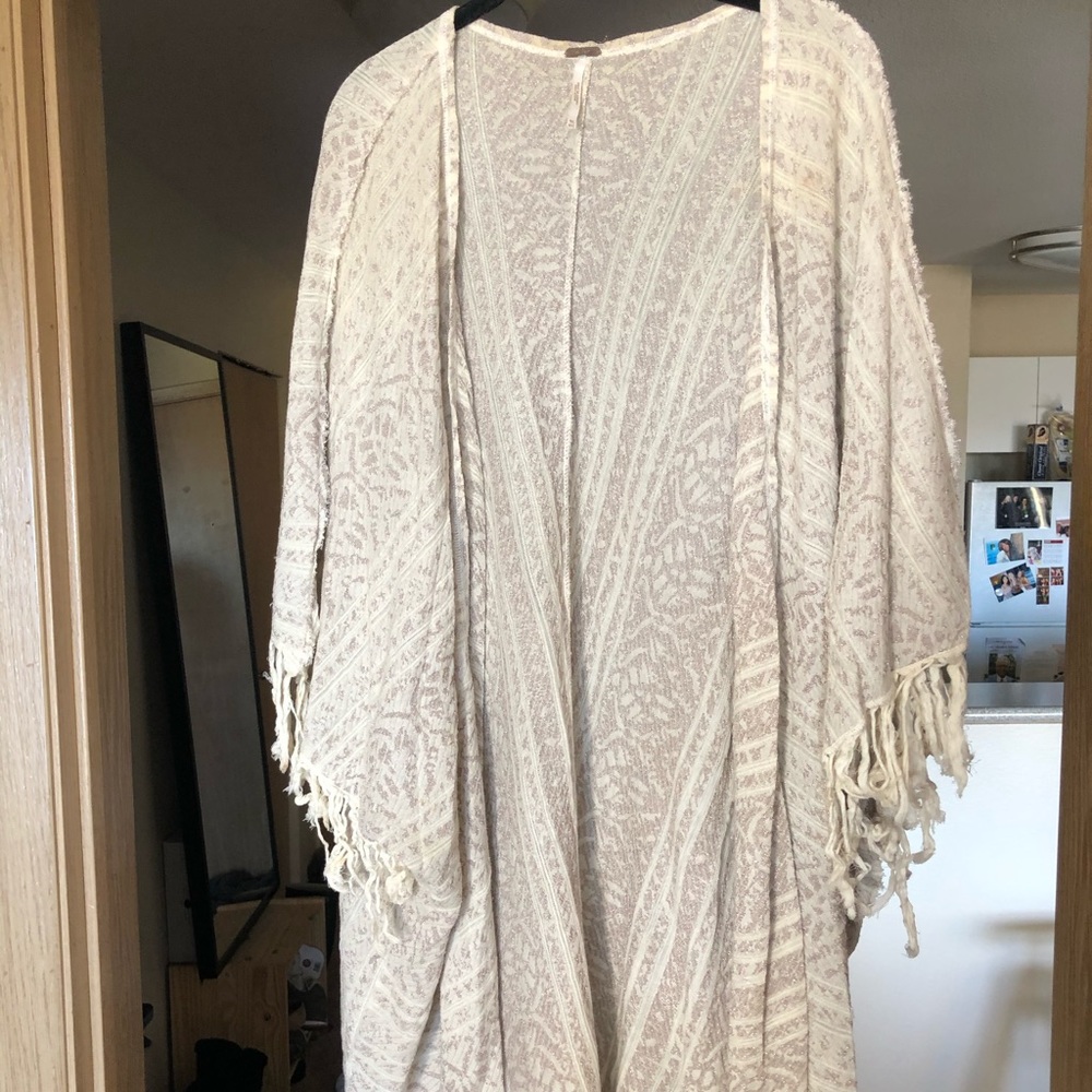 Free People Beige/Gold Cardigan w/ Fringe Sleeves